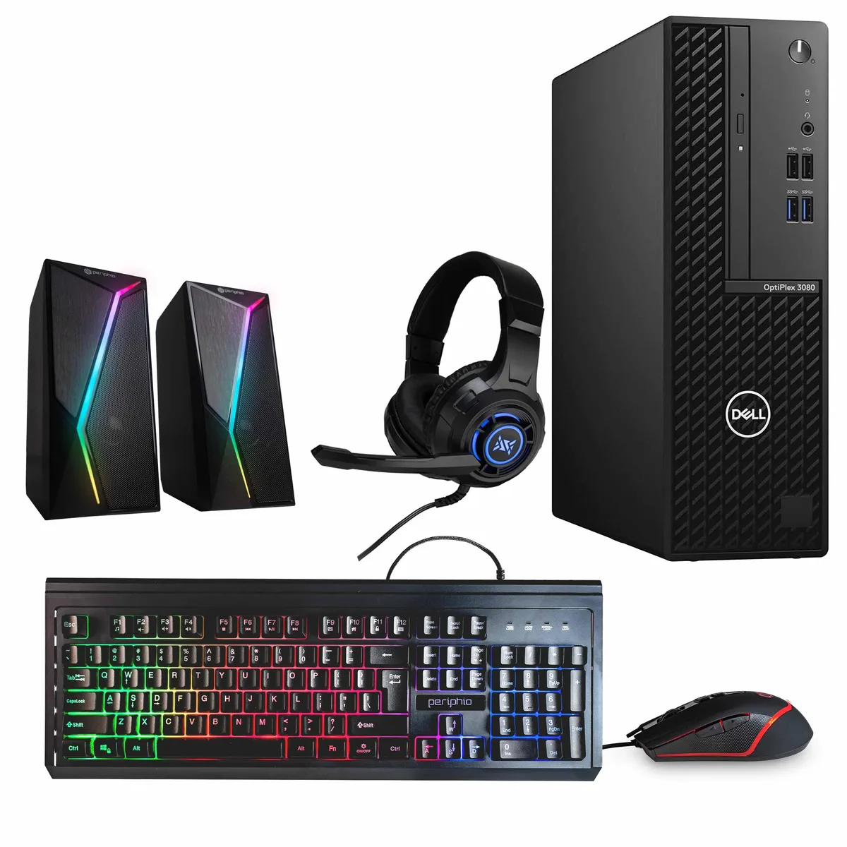 Black Dell OptiPlex 3080 tower with RGB speaker, keyboard, mouse and headset
