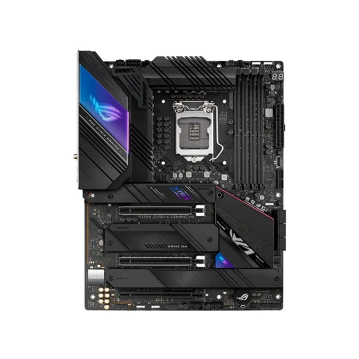 Black ATX motherboard with silver heatsinks and ROG branding