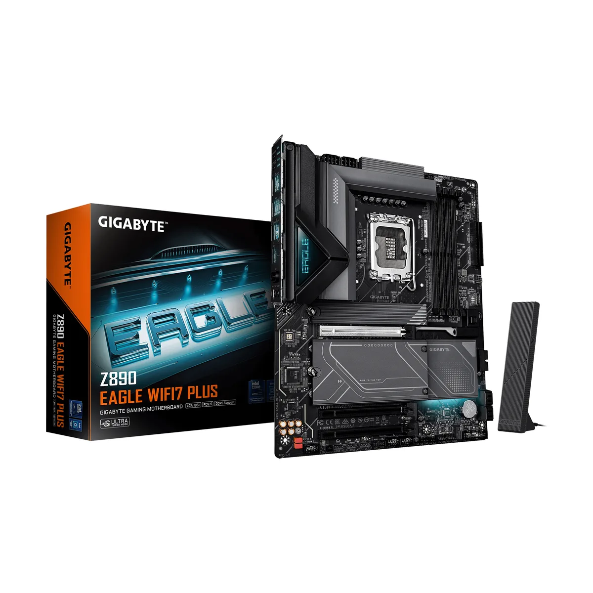 ATX motherboard, dark PCB with silver heatsinks and integrated rear I/O shield