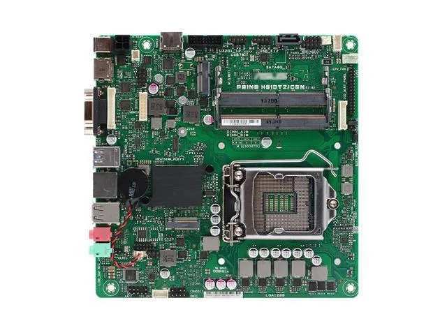 Green Mini-ITX motherboard with black I/O shield, silver CPU socket, four RAM slots