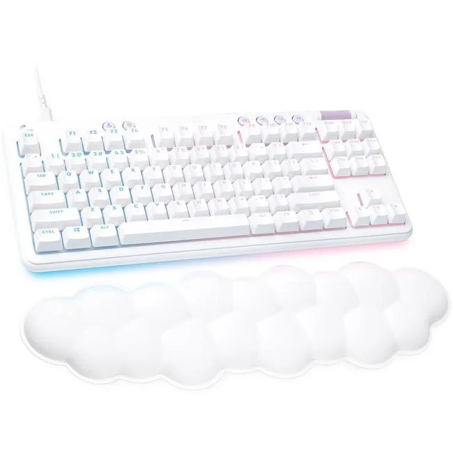 White tenkeyless mechanical keyboard with cloud-shaped palm rest and per-key RGB lighting