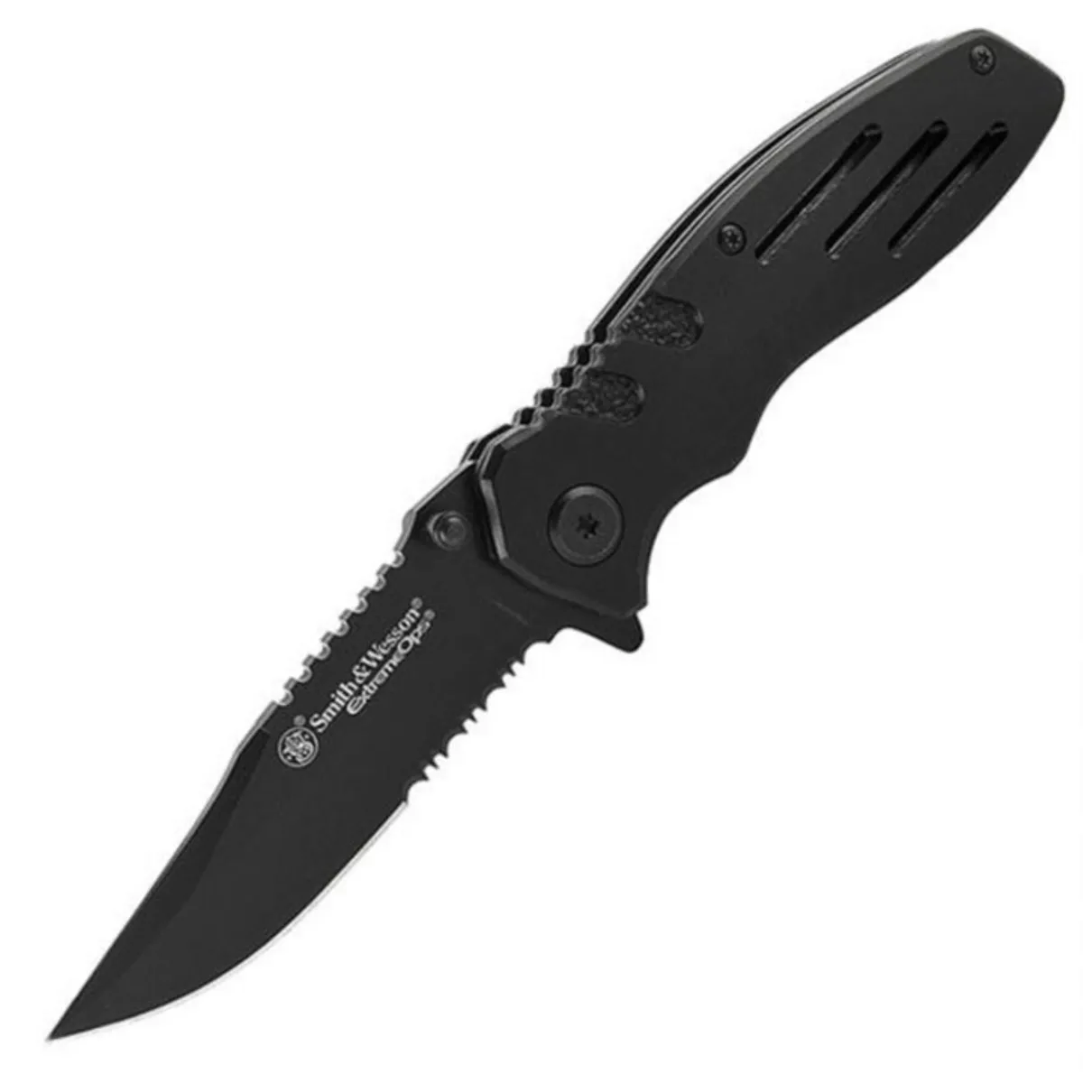  Smith &amp; Wesson SWA24S Extreme Ops 7.1in Folding Knife 3.1in Serrated Clip Point Aluminum Handle — fotografija izdelka