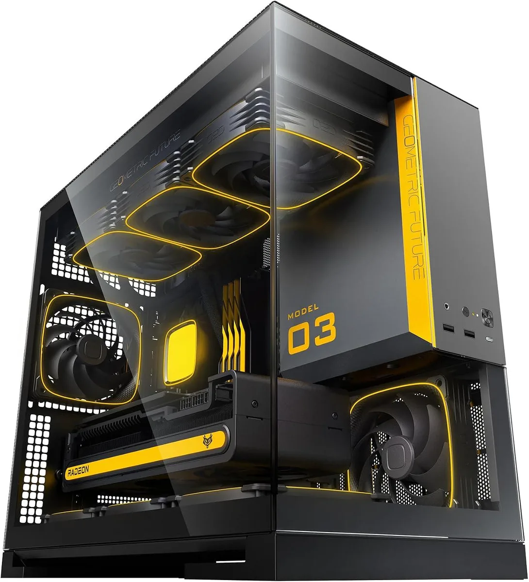 Black and grey micro-ATX tower with dual tempered glass panels and five ARGB fans