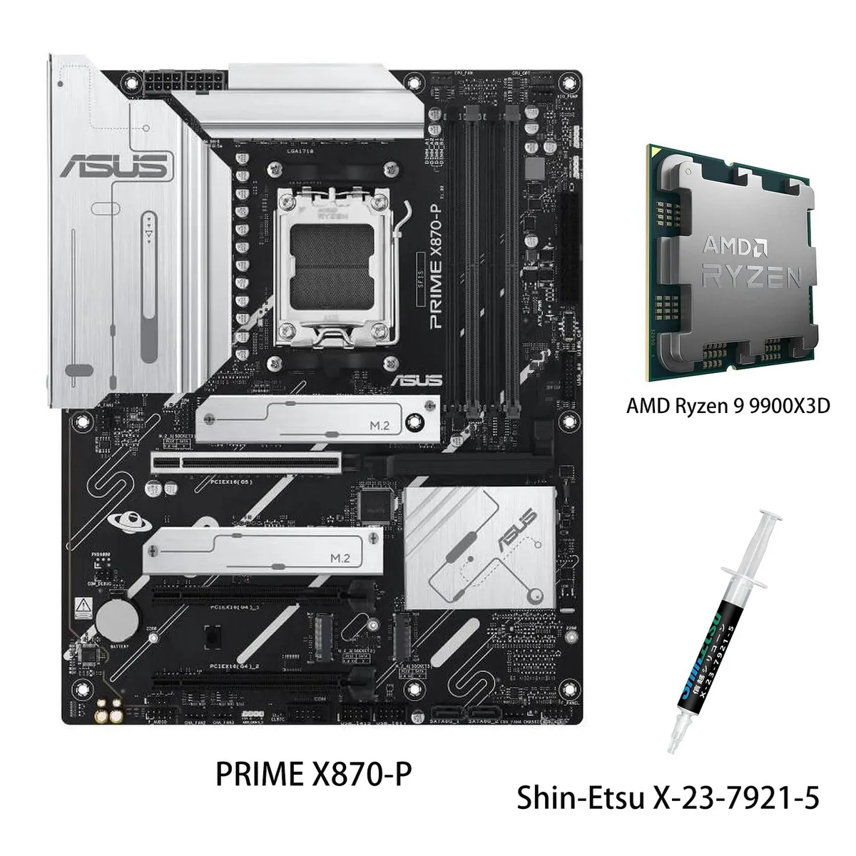 ATX motherboard with large VRM heatsinks and installed AM5 CPU