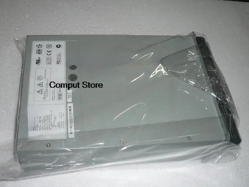 Rectangular silver server power supply unit with rear fan grille and power socket