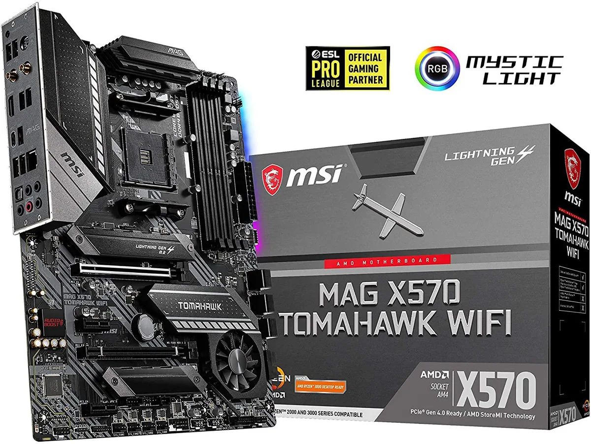 Black ATX motherboard with grey heatsinks and silver I/O shield