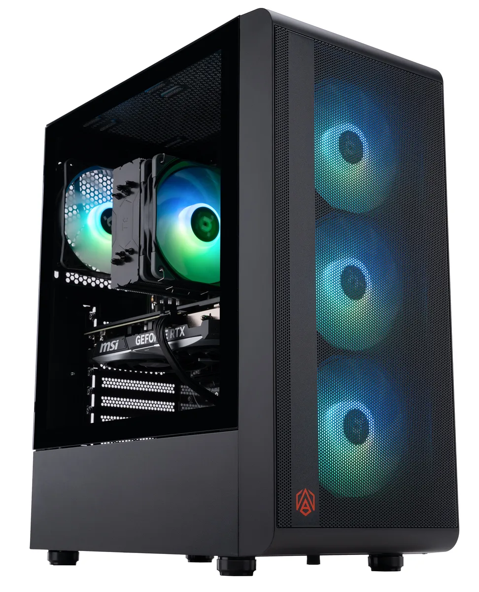 Black mid-tower gaming desktop with RGB lighting visible through glass side panel