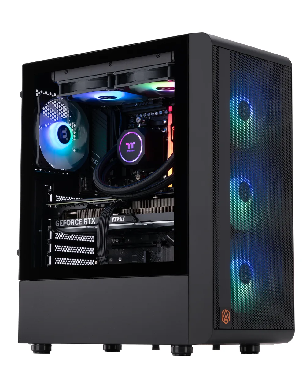 ABS Stratos S200 Obsidian Black mid-tower case with RGB AIO cooler visible through glass side panel