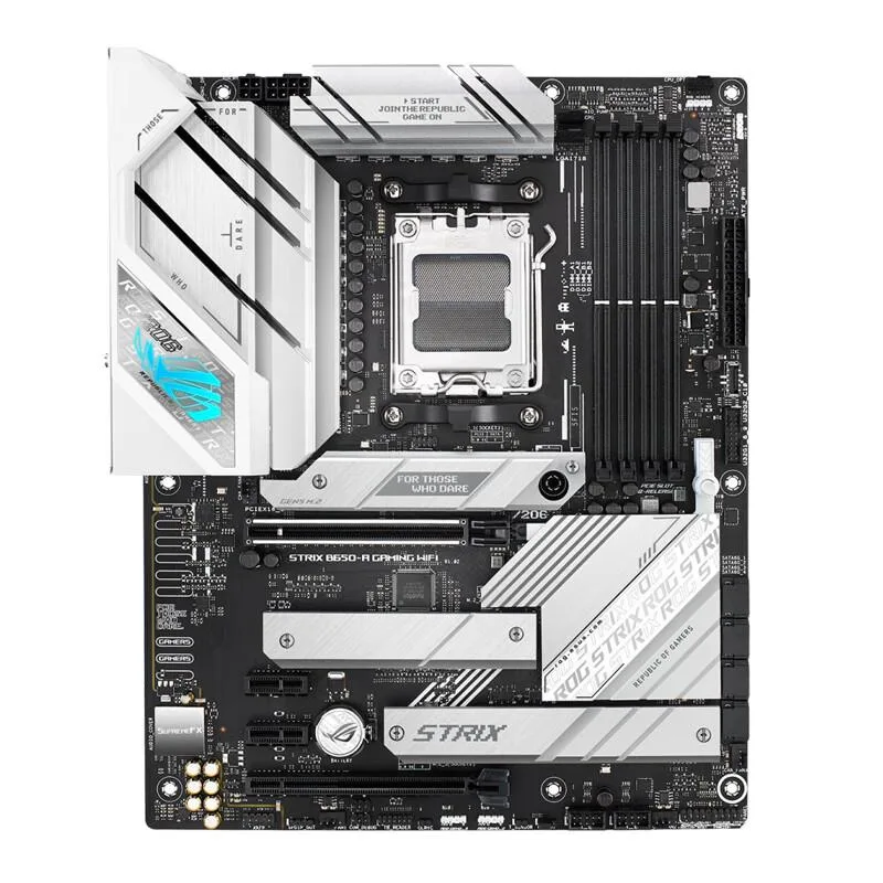 White ATX motherboard with silver heatsinks and RGB accents