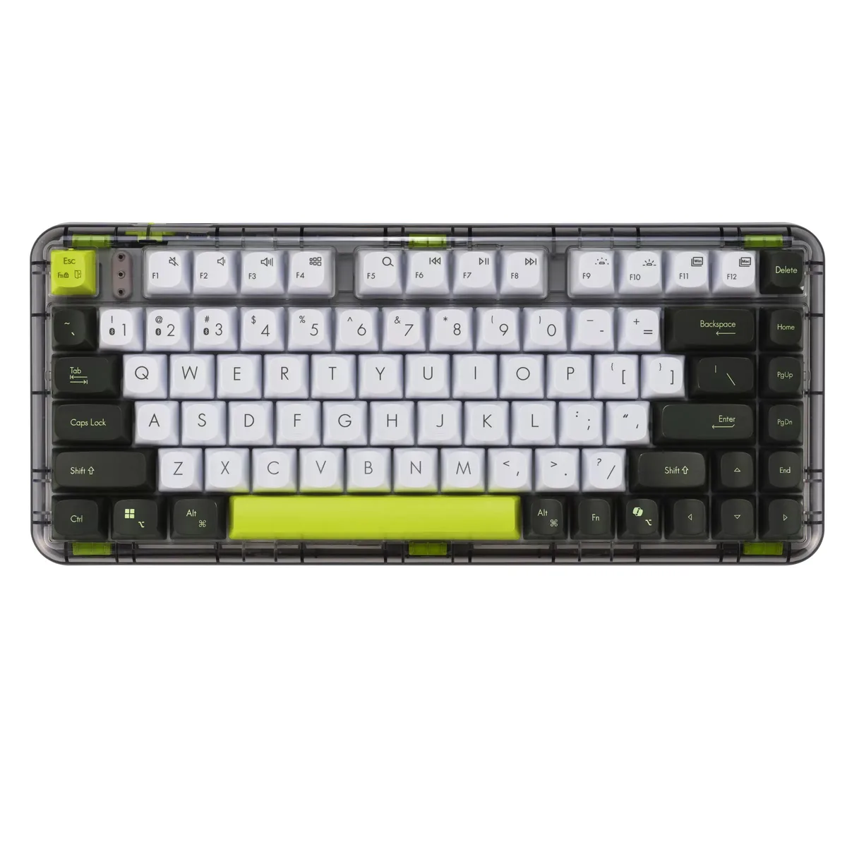 Green compact mechanical keyboard with semi-transparent case, contrasting space bar and Esc key, white backlighting