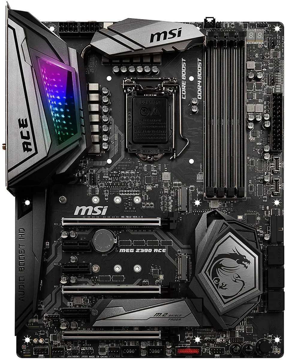 Black ATX motherboard with silver heatsinks and integrated RGB lighting strip