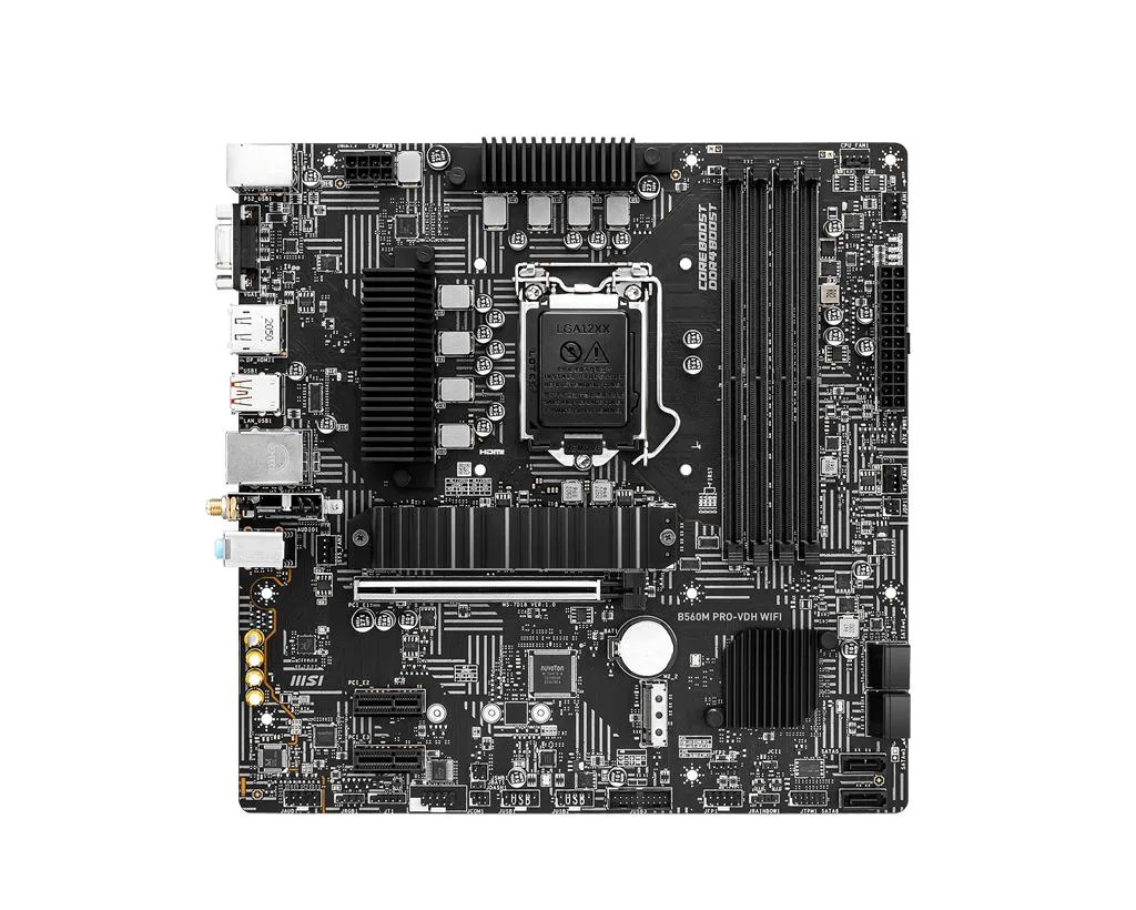 Green Micro ATX motherboard with black heatsinks, silver CPU socket, four memory slots, two M.2 covers, six SATA ports