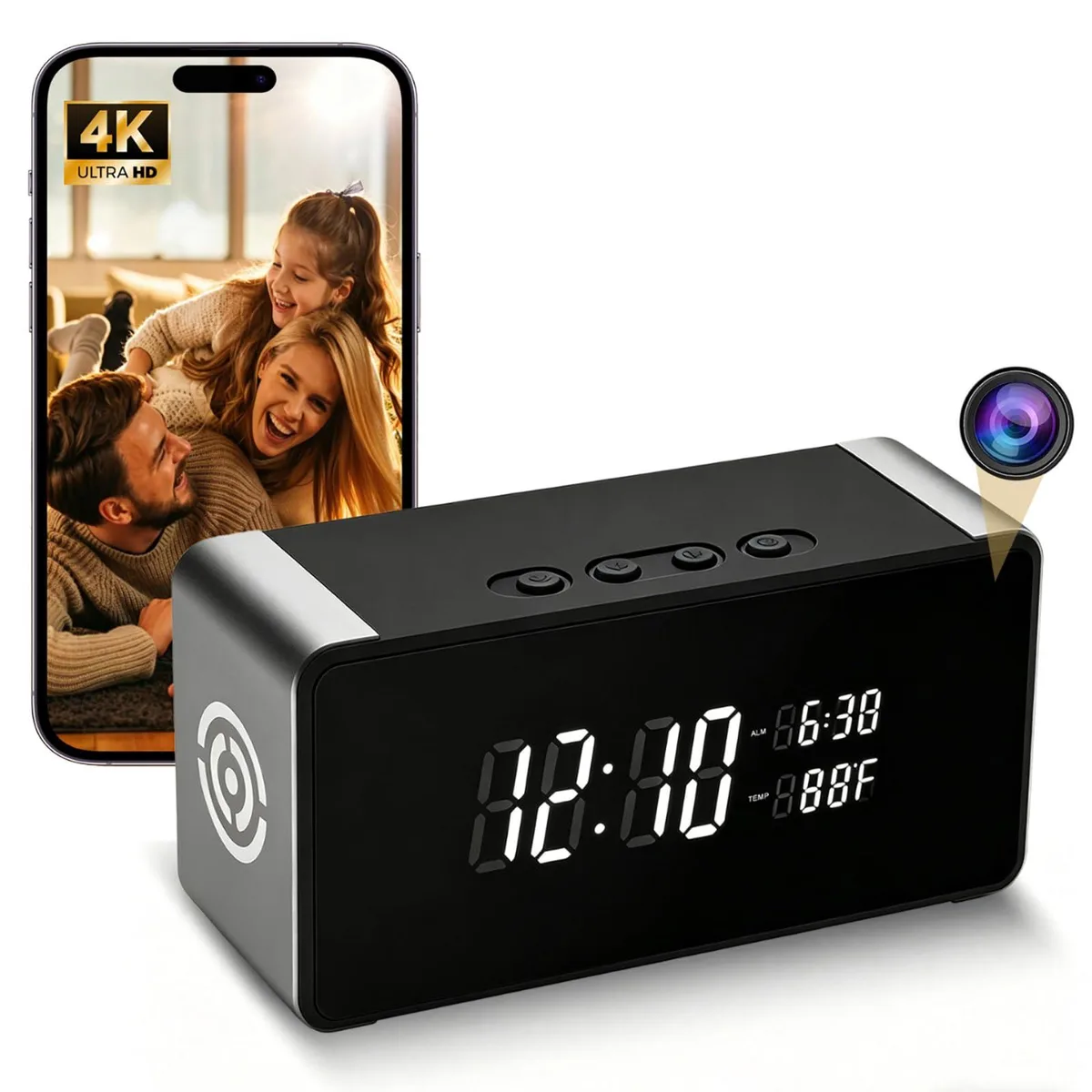 Clover KP04 Hidden Camera Clock 4K WiFi 150° Night Vision 23ft 30fps 256GB — product photo