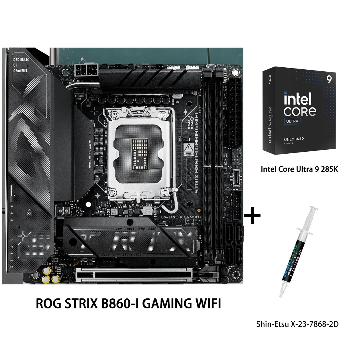 Square Mini-ITX board in dark grey with integrated I/O shield, CPU socket cover on, thermal grease syringe alongside