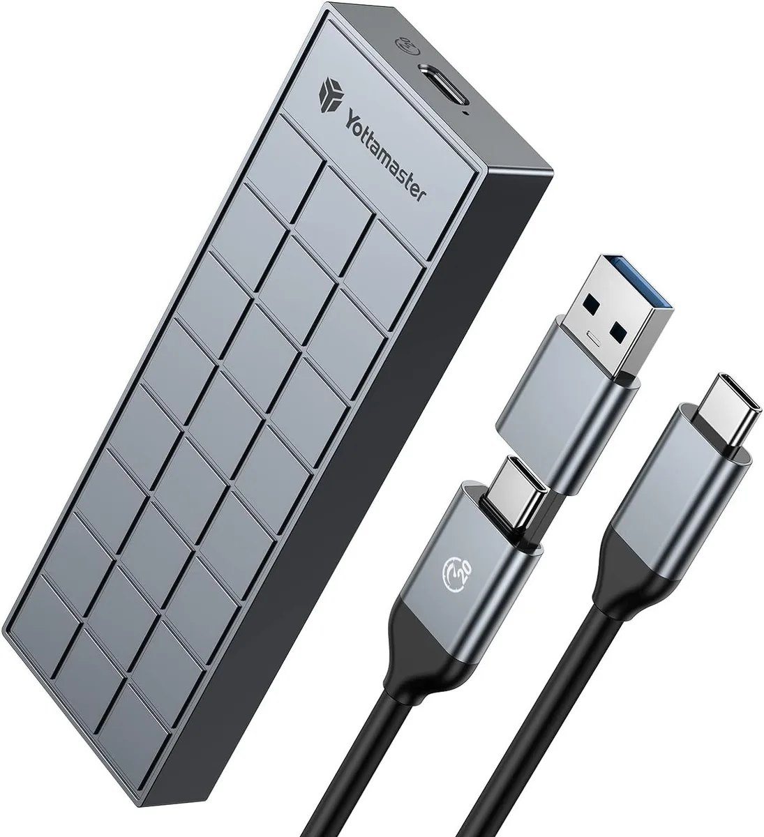 Grey aluminium M.2 NVMe enclosure with integrated heatsink, USB-C cable attached