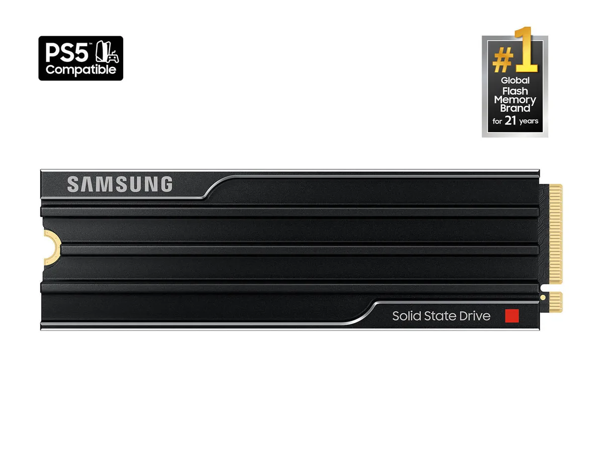 Black M.2 2280 SSD with integrated heatsink, 80mm long, 25mm wide