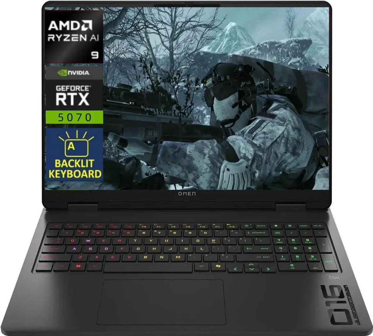 Black 16 inch gaming laptop with backlit keyboard
