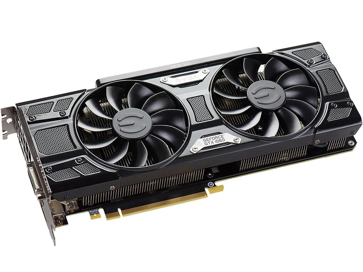 EVGA GeForce GTX 1060 graphics card with dual-fan ACX 3.0 cooler and illuminated logo