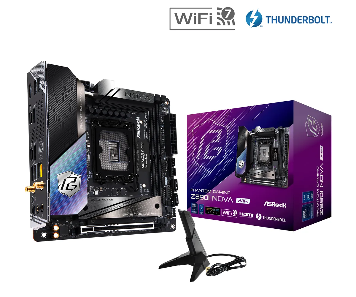 Compact Mini ITX motherboard with black PCB, silver heatsinks and rear I/O shield