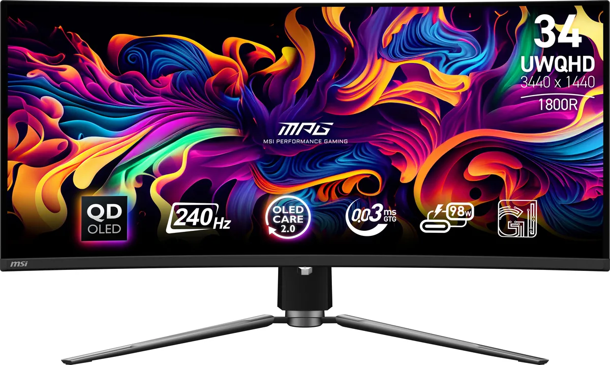 A 34-inch curved ultrawide monitor in metallic black on an adjustable stand