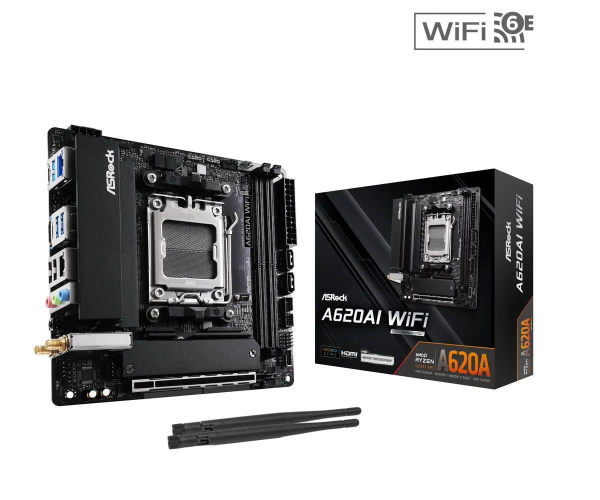 Compact square motherboard with black PCB, silver heatsinks, single HDMI port, two vertical DDR5 slots