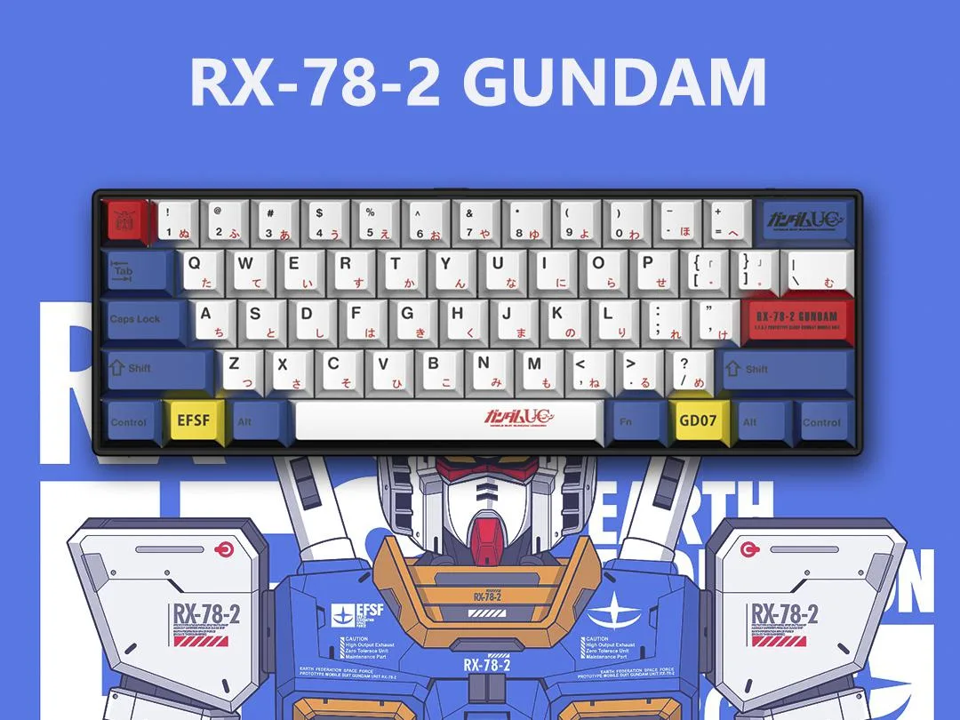 Compact 61-key Gundam RX-78-2 mechanical keyboard in blue and white with PBT keycaps and white backlighting