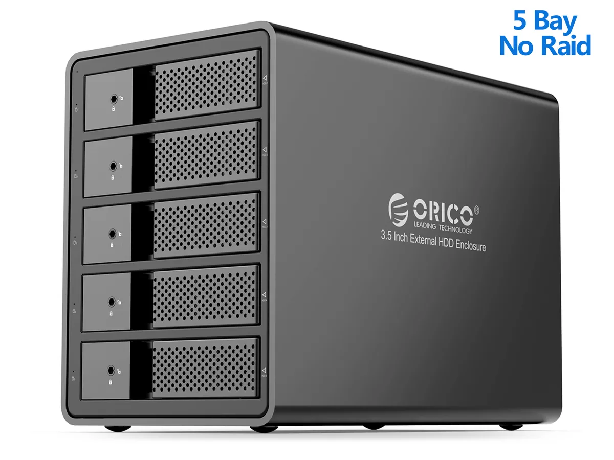 Black aluminum five-bay 3.5-inch SATA enclosure with front fan and key locks
