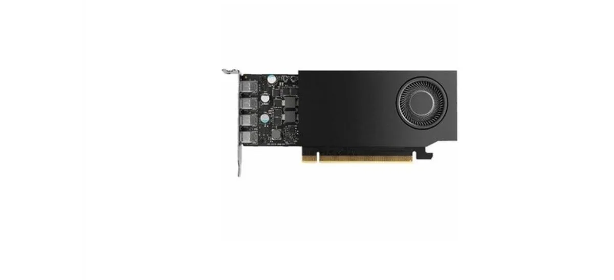 Compact single-slot graphics card with four mini DisplayPort outputs and active cooler