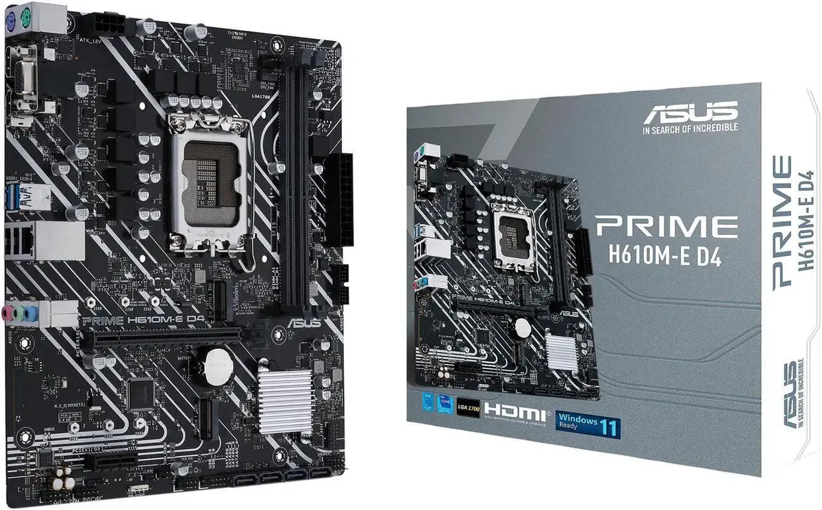 ASUS PRIME H610M-E D4 mATX motherboard, black PCB, silver heatsink, LGA 1700 socket, two DDR4 slots, PCIe x16 slot, two M.2 slots