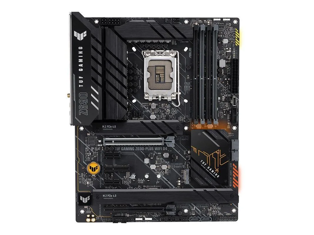 ASUS TUF Gaming Z690-Plus WiFi D4 ATX motherboard, dark PCB with grey heatsinks and reinforced PCIe slot