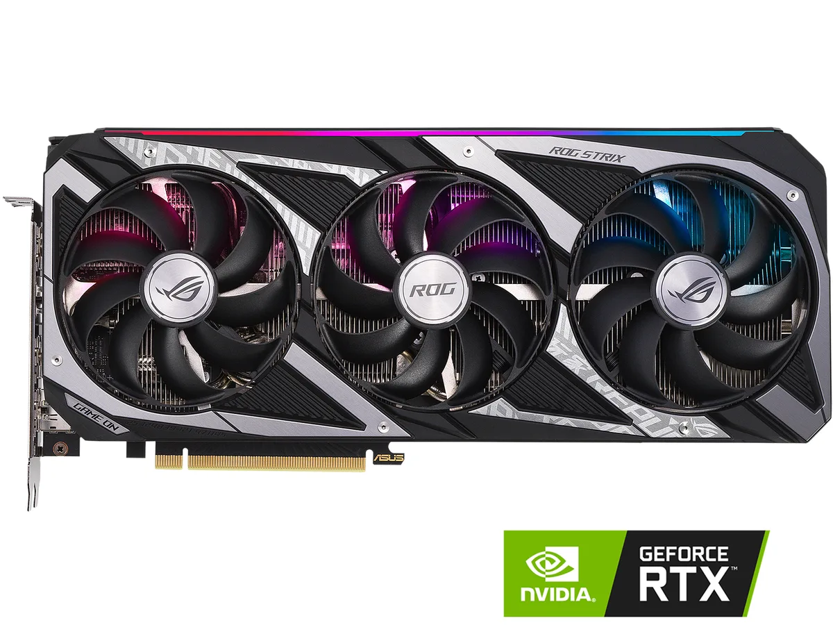 Black triple-fan graphics card with silver accents and a metal backplate