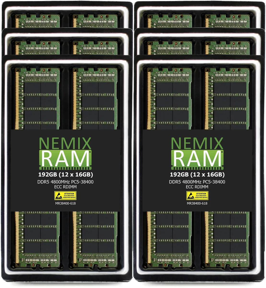 Two green DDR5 RDIMM modules with black chips and gold contacts