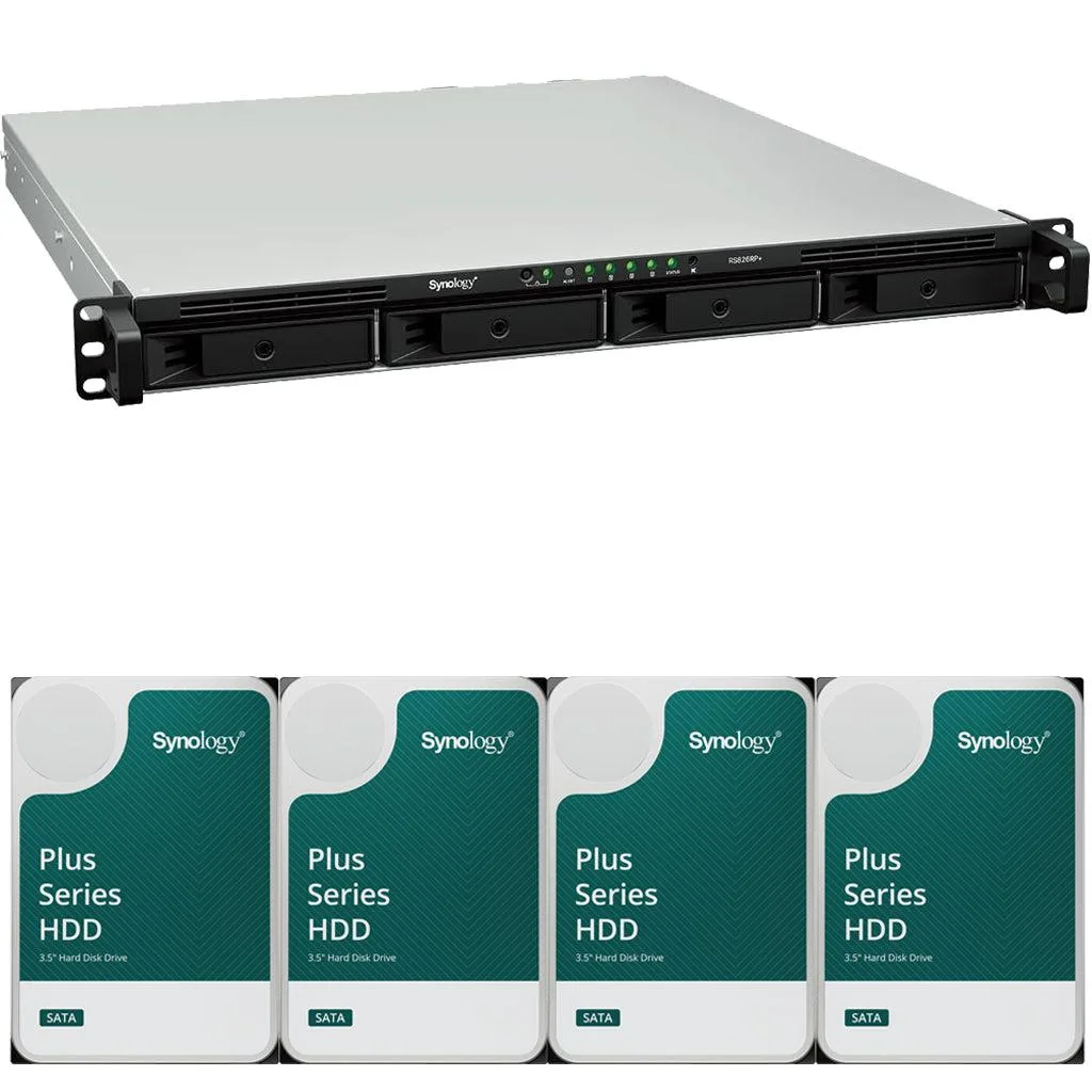 Silver 1U rackmount NAS with four front drive bays and status LEDs
