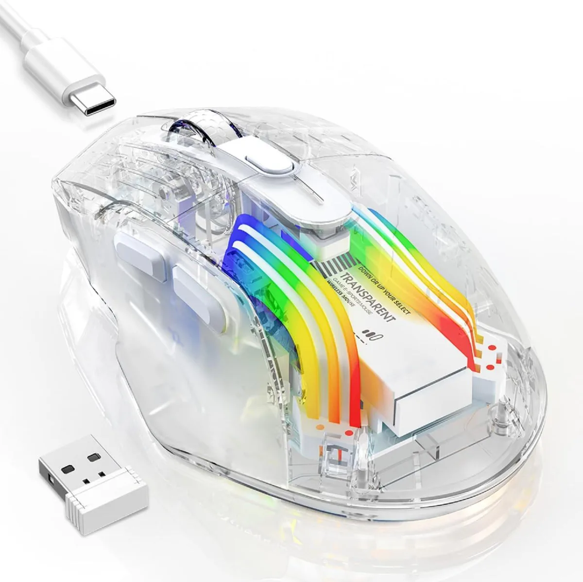 Transparent ergonomic gaming mouse with 11 RGB lights, 6 buttons, USB-C cable