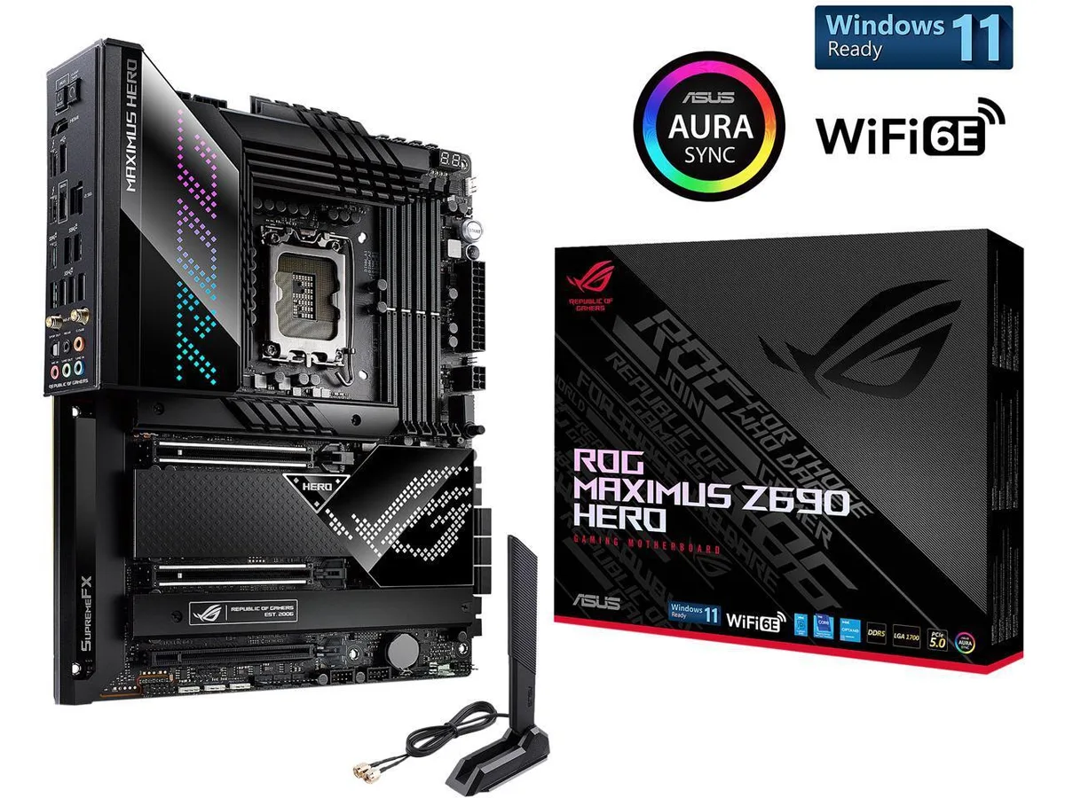 Black ATX motherboard with silver heatsinks and ROG branding