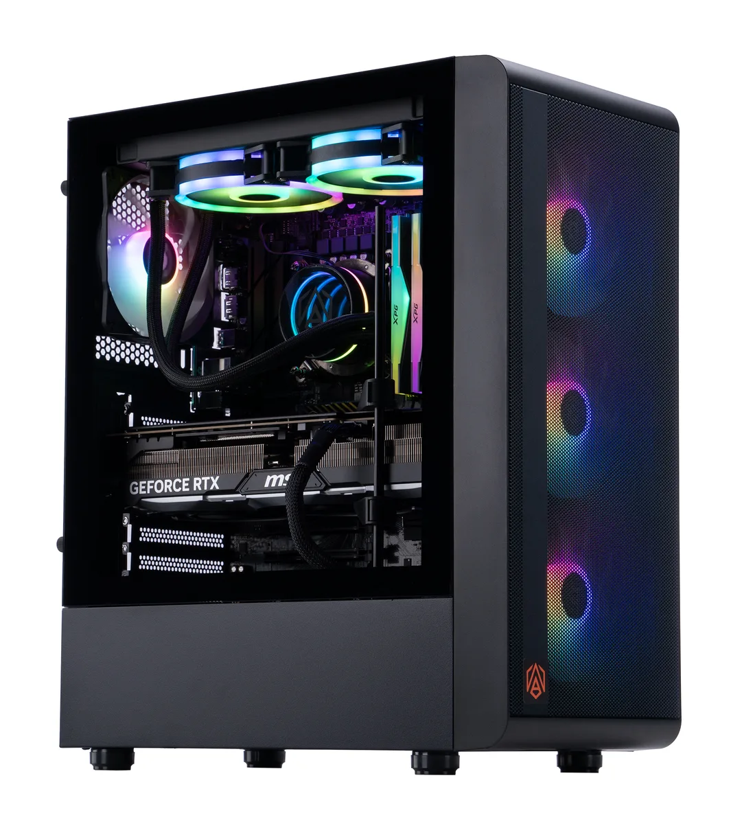Black mid-tower gaming desktop with RGB memory visible through side panel