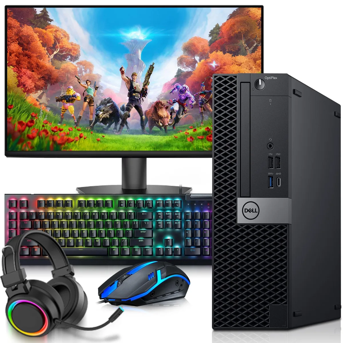 Compact small-form-factor desktop tower with a 24-inch monitor, RGB keyboard, mouse and headphones