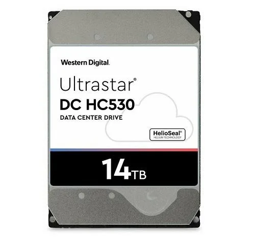 Silver rectangular 3.5 inch hard drive with label showing Ultrastar DC HC530 14TB 7200RPM SAS 12Gb/s 512MB cache