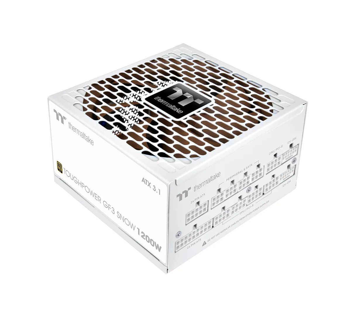 White ATX power supply unit with a 135mm coloured fan and flat modular cables visible