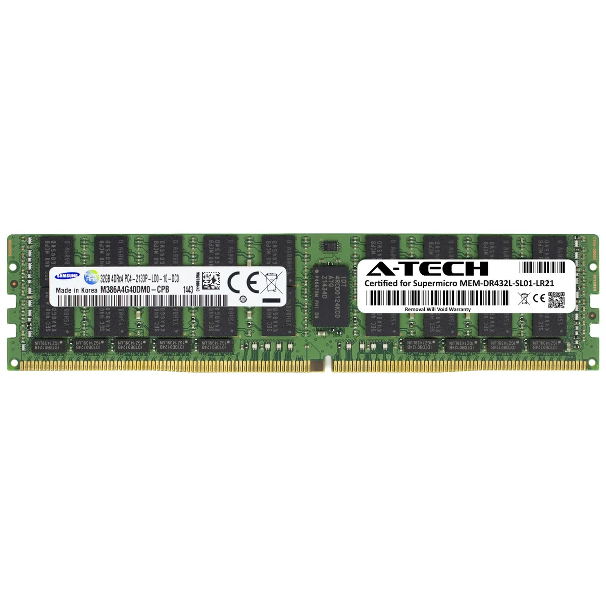 Green 288-pin LRDIMM server memory module with black chips and silver label