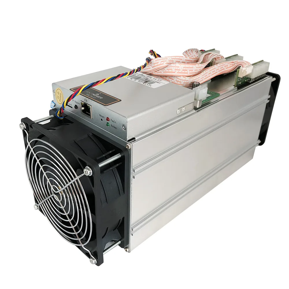 Rectangular metal crypto miner, matte silver finish, dual 12038 fans front and rear, Ethernet port