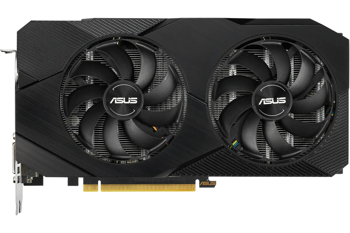 Black dual-fan graphics card with metal backplate and silver accents