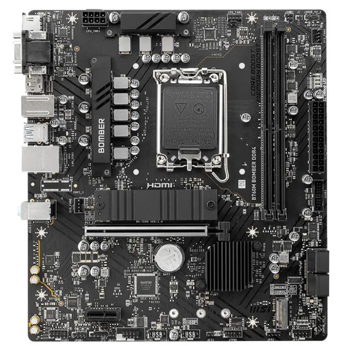 MSI B760M BOMBER DDR4 micro-ATX motherboard with black PCB and silver heatsinks