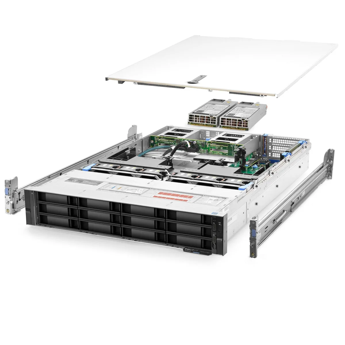 Silver 2U rack server with twelve 3.5-inch drive bays and sliding rails