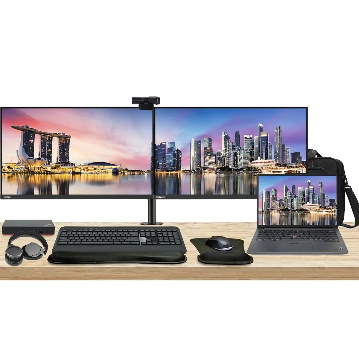 Lenovo E14 Gen 5 laptop, two 24" monitors on dual stand, USB-C dock, wireless keyboard, mouse, webcam, headphones, gel pad, briefcase