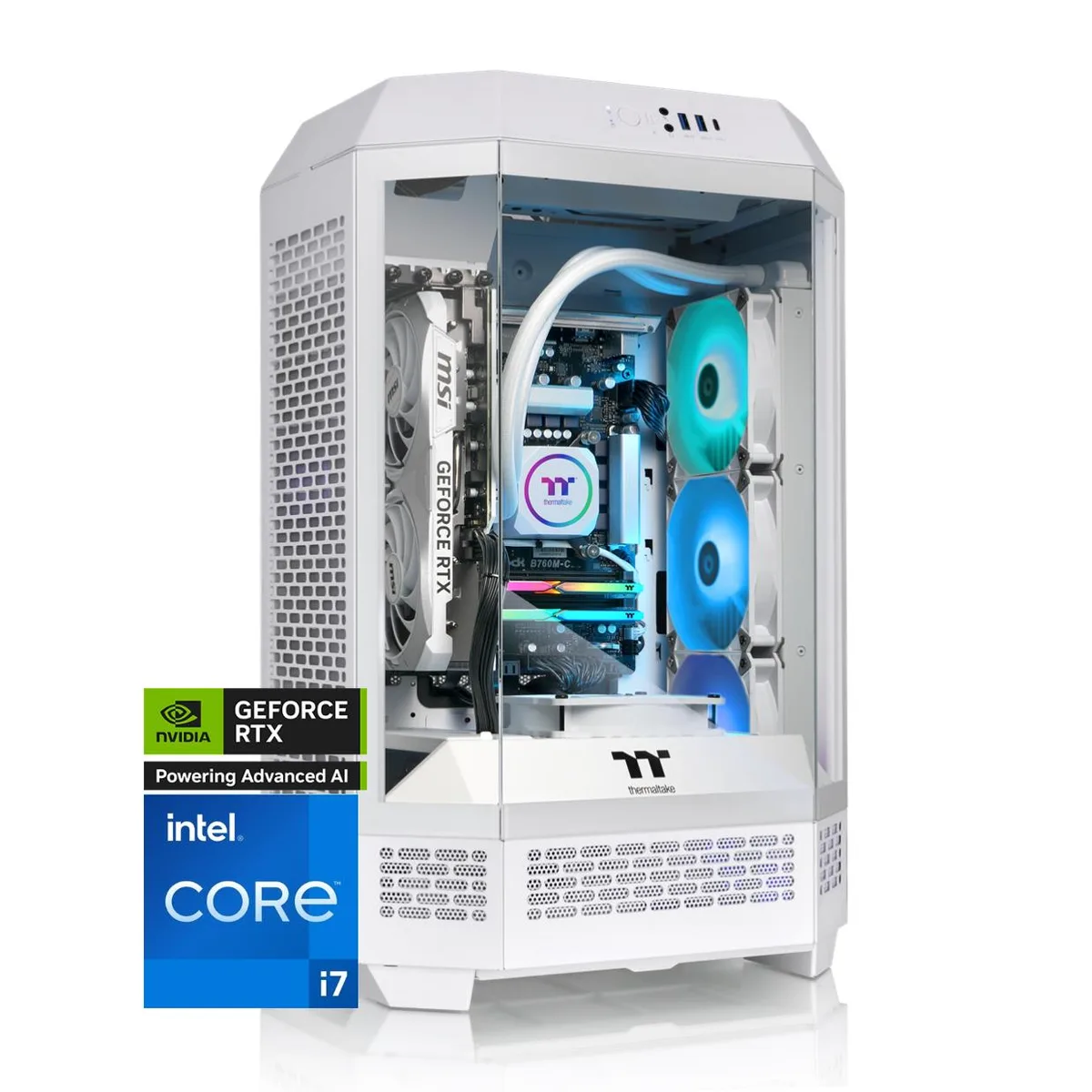 White mid-tower gaming desktop with 360mm ARGB liquid cooler visible through glass side panel