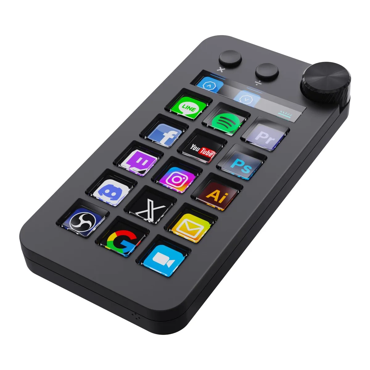 Black vertical macro keypad with 15 LCD keys and rotary dial