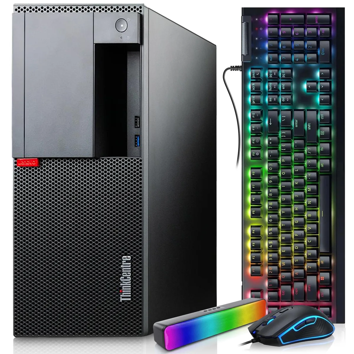 Black tower desktop with RGB keyboard mouse and soundbar