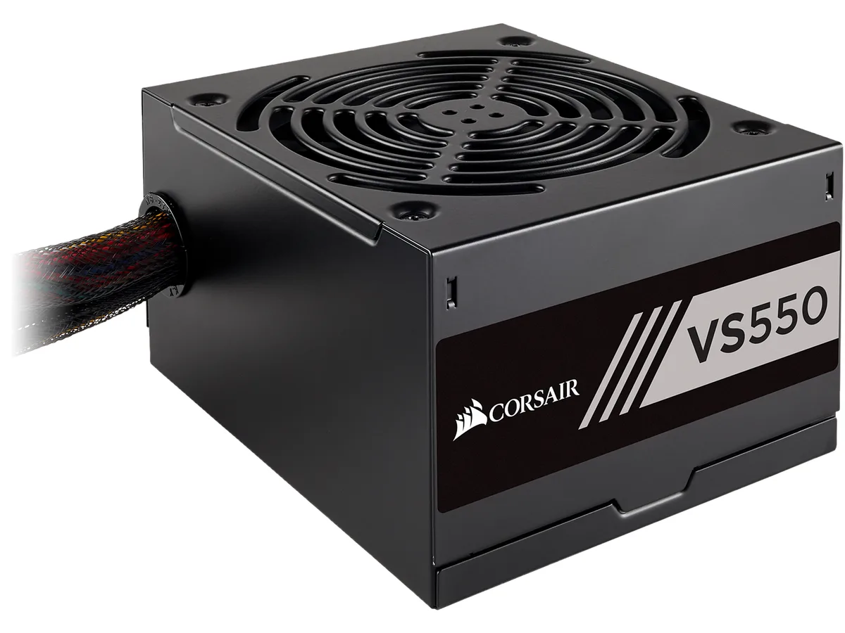Black rectangular ATX power supply with 120mm fan and sleeved cables