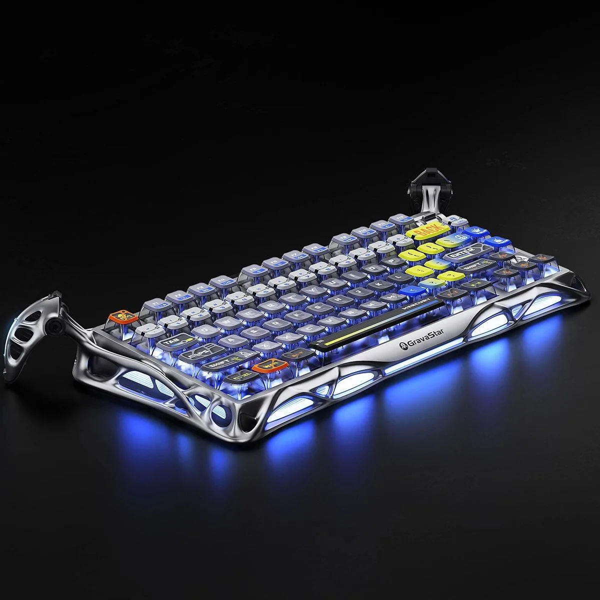 Silver aluminium 75% keyboard with pudding keycaps and rotary knob